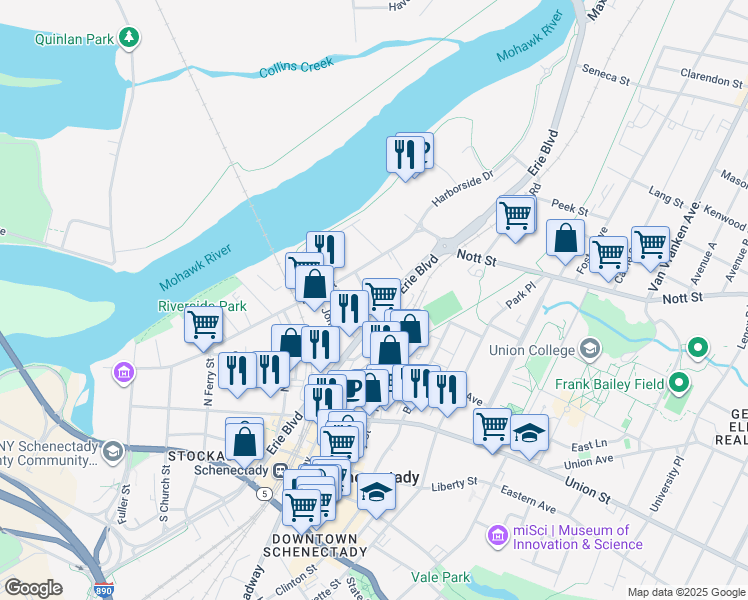 map of restaurants, bars, coffee shops, grocery stores, and more near 1435 Erie Boulevard in Schenectady