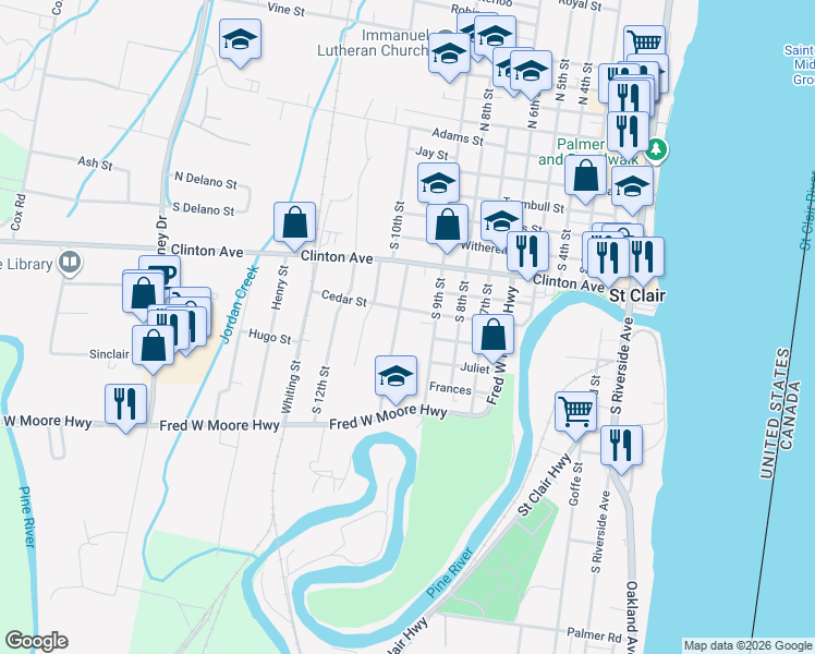 map of restaurants, bars, coffee shops, grocery stores, and more near 710 South 10th Street in Saint Clair