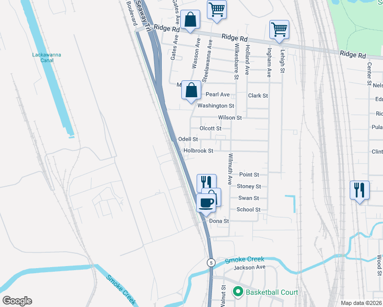 map of restaurants, bars, coffee shops, grocery stores, and more near 25 Holbrook Street in Lackawanna