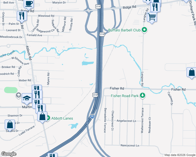 map of restaurants, bars, coffee shops, grocery stores, and more near New York State Thruway in West Seneca