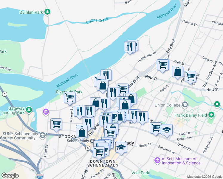map of restaurants, bars, coffee shops, grocery stores, and more near in Schenectady