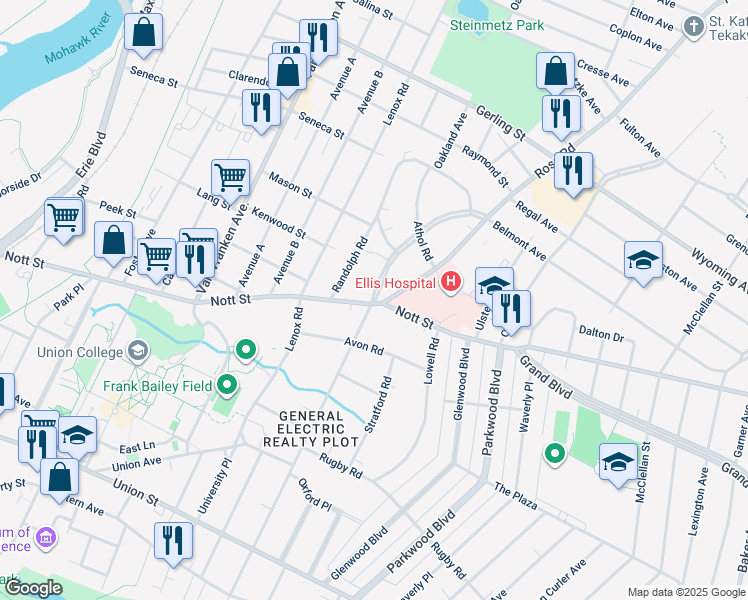 map of restaurants, bars, coffee shops, grocery stores, and more near 1515 Wendell Avenue in Schenectady