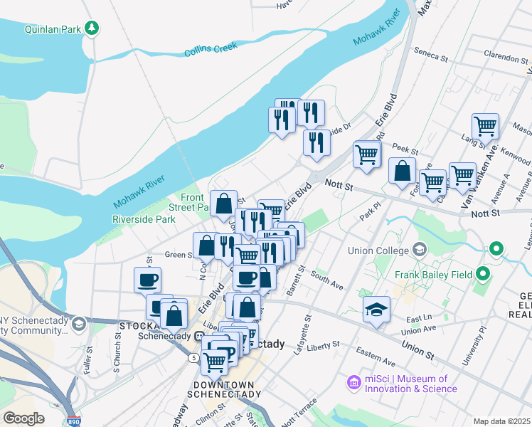 map of restaurants, bars, coffee shops, grocery stores, and more near 1435 Erie Boulevard in Schenectady