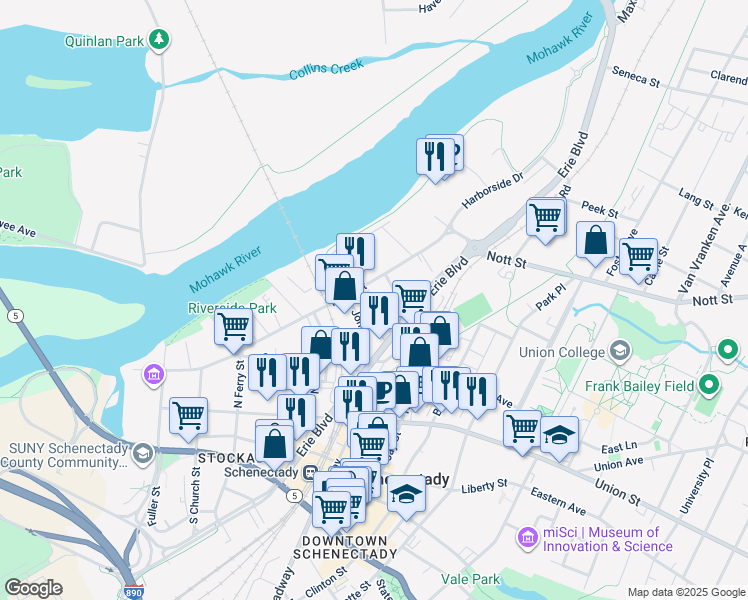 map of restaurants, bars, coffee shops, grocery stores, and more near in Schenectady