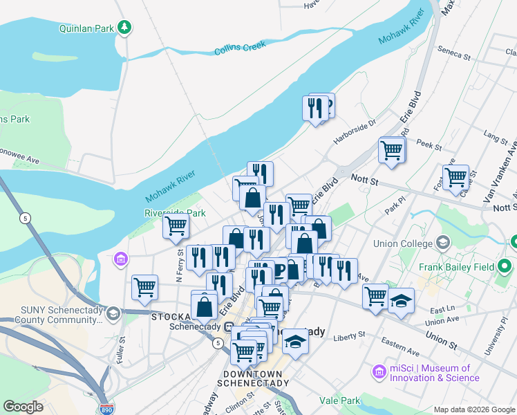 map of restaurants, bars, coffee shops, grocery stores, and more near 6 River Street in Schenectady