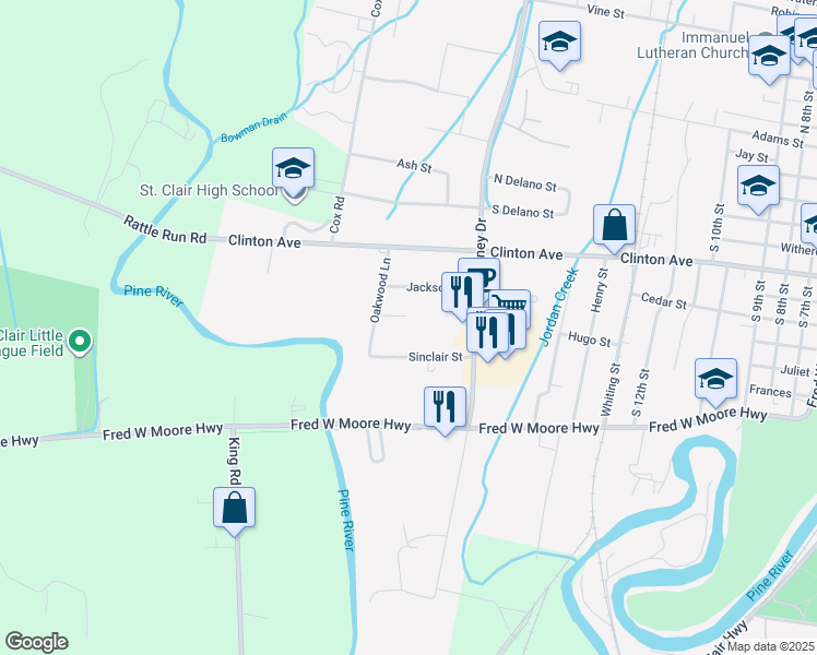 map of restaurants, bars, coffee shops, grocery stores, and more near 1916 Hugo Street in Saint Clair