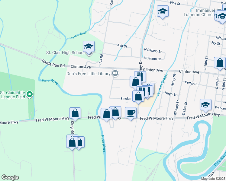 map of restaurants, bars, coffee shops, grocery stores, and more near 1000 Oakwood Lane in Saint Clair
