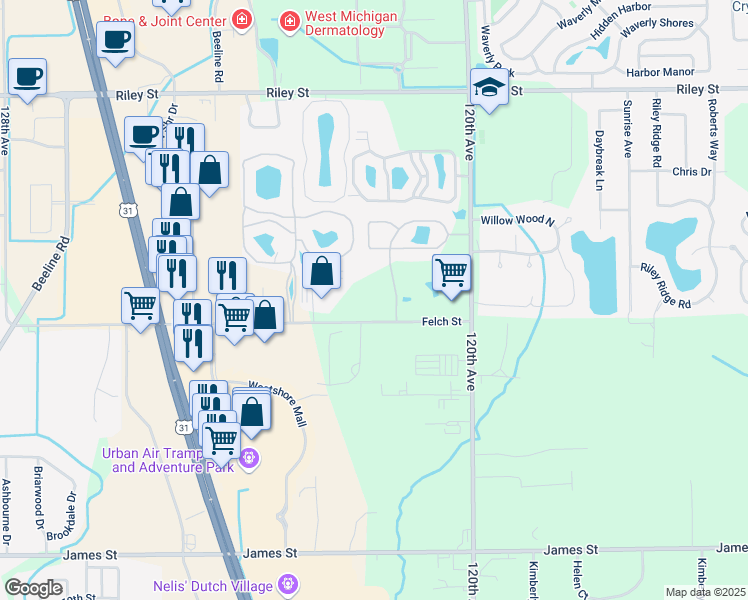 map of restaurants, bars, coffee shops, grocery stores, and more near 12181 Felch Street in Holland