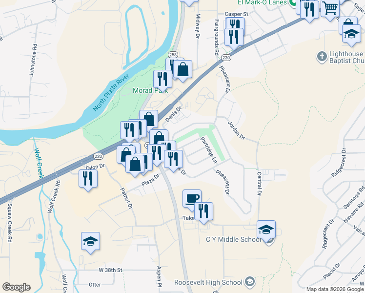 map of restaurants, bars, coffee shops, grocery stores, and more near 3577 Partridge Ln in Casper