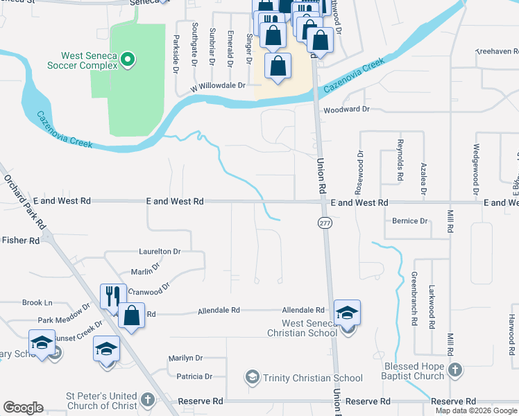 map of restaurants, bars, coffee shops, grocery stores, and more near 407 East and West Road in West Seneca