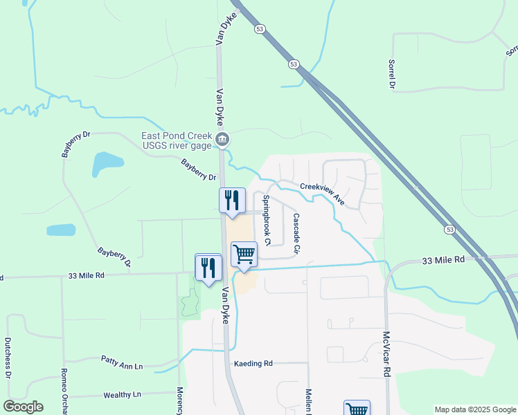 map of restaurants, bars, coffee shops, grocery stores, and more near 11906 Springbrook Court in Macomb County