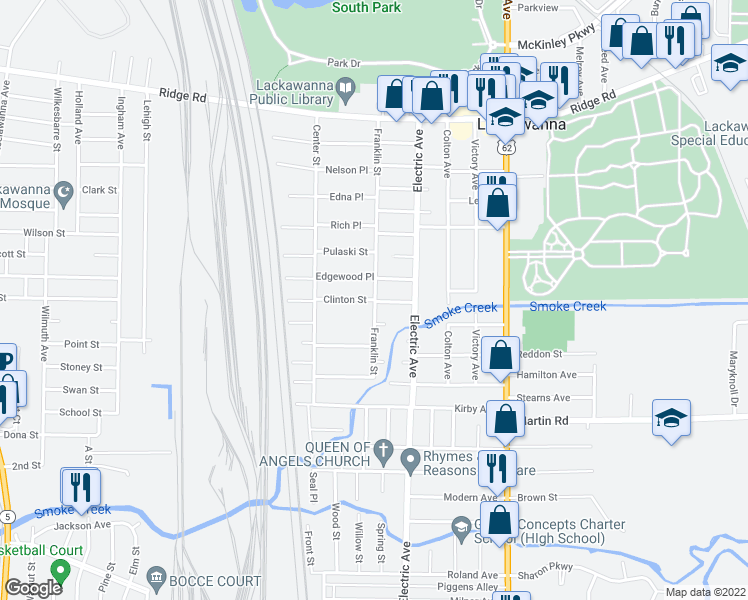 map of restaurants, bars, coffee shops, grocery stores, and more near 100 Clinton Street in Lackawanna