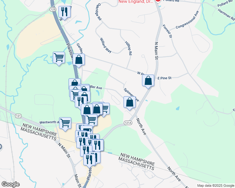 map of restaurants, bars, coffee shops, grocery stores, and more near 17 Chandler Avenue in Plaistow