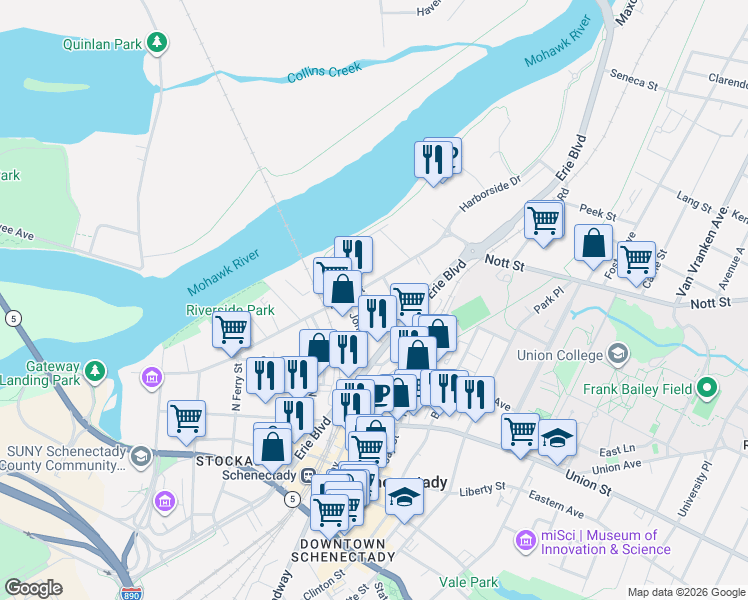 map of restaurants, bars, coffee shops, grocery stores, and more near in Schenectady
