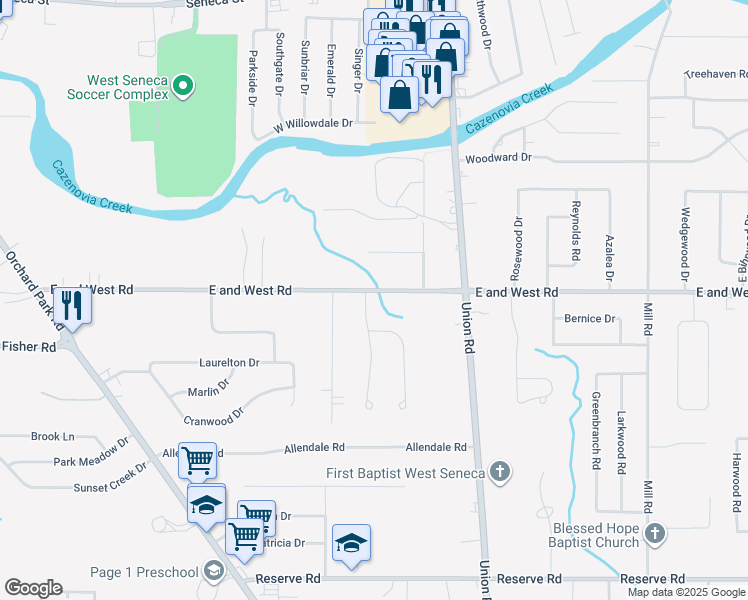 map of restaurants, bars, coffee shops, grocery stores, and more near 407 East and West Road in West Seneca