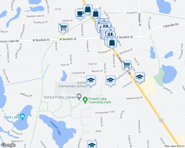 map of restaurants, bars, coffee shops, grocery stores, and more near 68 Pontiac Street in Oxford Charter Township