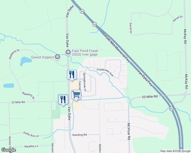 map of restaurants, bars, coffee shops, grocery stores, and more near 11820 Cascade Circle in Macomb County