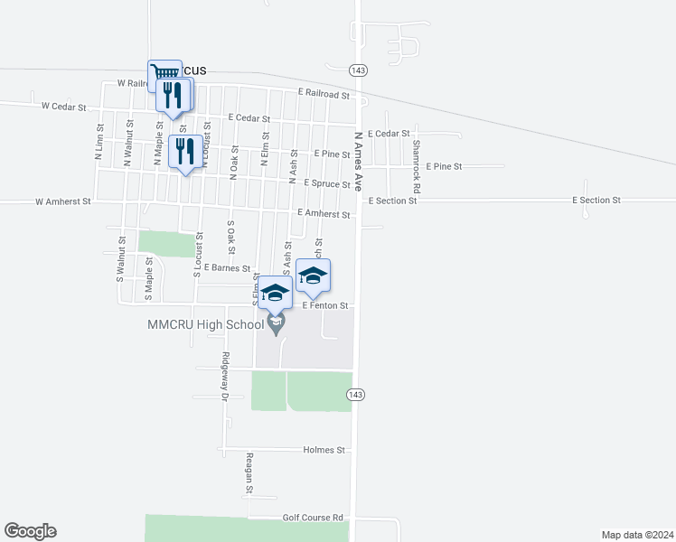 map of restaurants, bars, coffee shops, grocery stores, and more near 604 East Fenton Street in Marcus