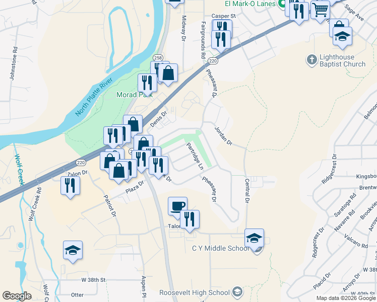 map of restaurants, bars, coffee shops, grocery stores, and more near 3533-3577 Partridge Ln in Casper