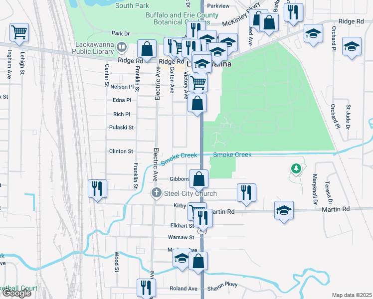 map of restaurants, bars, coffee shops, grocery stores, and more near 196 Victory Avenue in Lackawanna