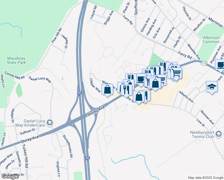 map of restaurants, bars, coffee shops, grocery stores, and more near 5 Woodman Way in Newburyport