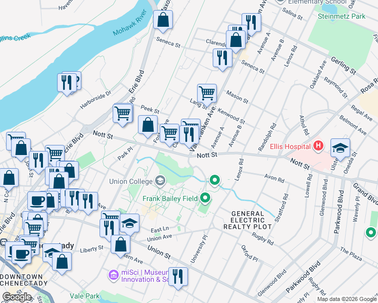map of restaurants, bars, coffee shops, grocery stores, and more near in Schenectady