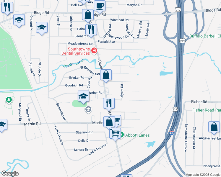 map of restaurants, bars, coffee shops, grocery stores, and more near 1642 Abbott Road in Buffalo