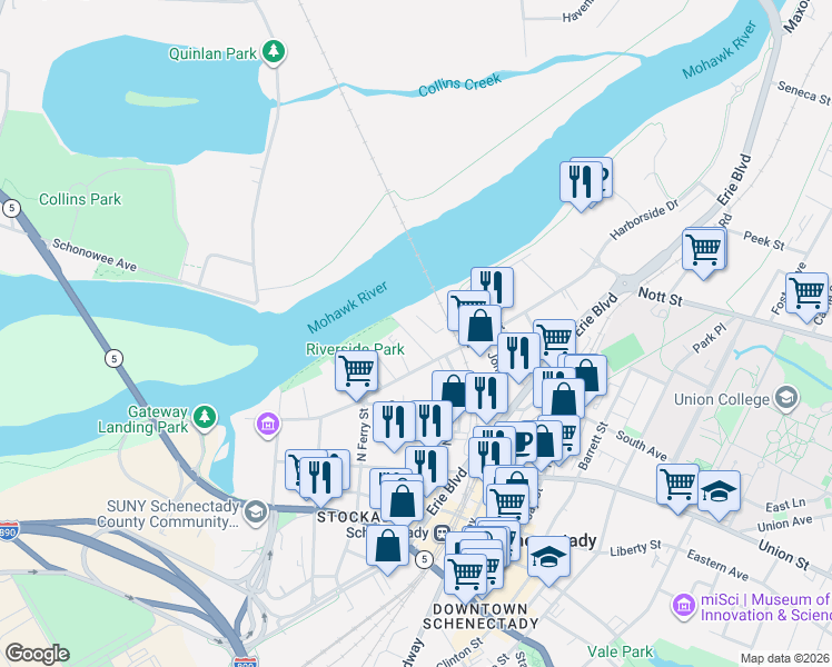 map of restaurants, bars, coffee shops, grocery stores, and more near 24 Ingersoll Avenue in Schenectady