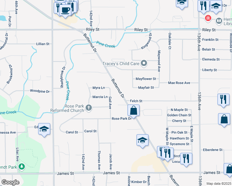 map of restaurants, bars, coffee shops, grocery stores, and more near 756 Butternut Drive in Holland