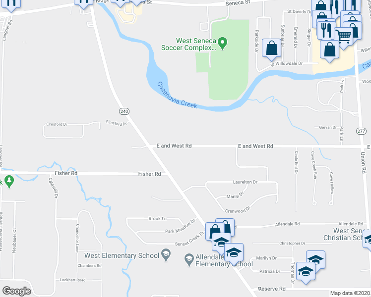 map of restaurants, bars, coffee shops, grocery stores, and more near 87 East and West Road in Buffalo