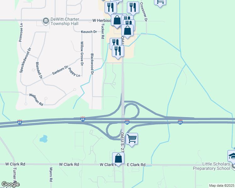 map of restaurants, bars, coffee shops, grocery stores, and more near 1060 Winding Brook Road in DeWitt