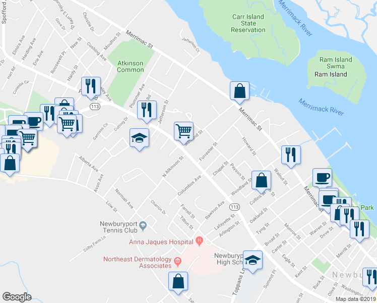 map of restaurants, bars, coffee shops, grocery stores, and more near 326 High Street in Newburyport