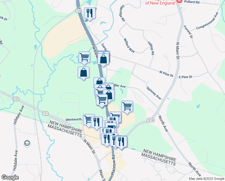 map of restaurants, bars, coffee shops, grocery stores, and more near 28 Chandler Avenue in Plaistow