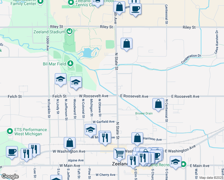 map of restaurants, bars, coffee shops, grocery stores, and more near 9656 Little Creek Court in Zeeland