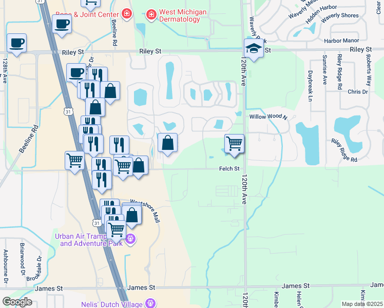 map of restaurants, bars, coffee shops, grocery stores, and more near 12181 Felch Street in Holland