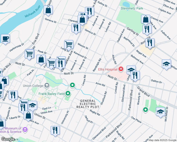 map of restaurants, bars, coffee shops, grocery stores, and more near 1531 Randolph Road in Schenectady