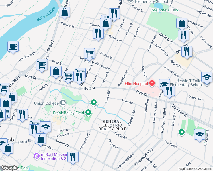 map of restaurants, bars, coffee shops, grocery stores, and more near 909 Nott Street in Schenectady