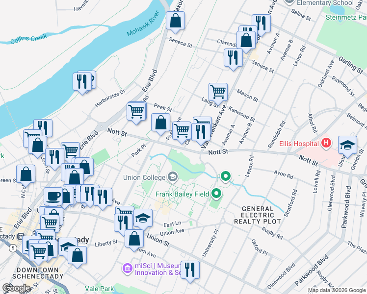 map of restaurants, bars, coffee shops, grocery stores, and more near 557 Nott Street in Schenectady