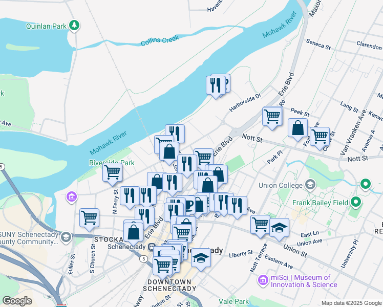 map of restaurants, bars, coffee shops, grocery stores, and more near in Schenectady