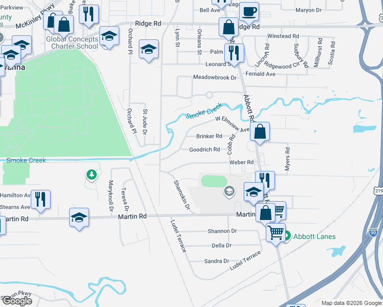 map of restaurants, bars, coffee shops, grocery stores, and more near 43 Goodrich Road in Buffalo