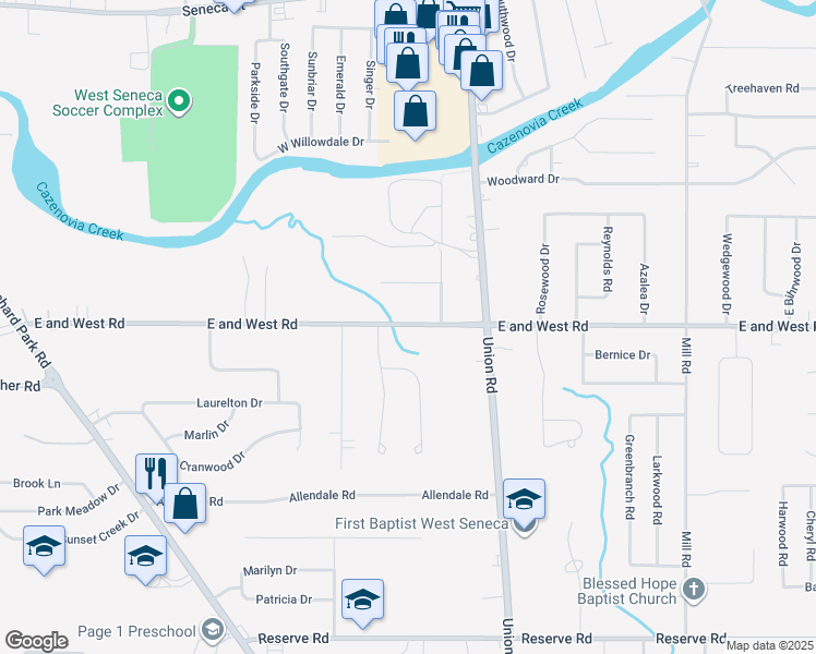 map of restaurants, bars, coffee shops, grocery stores, and more near 407 East and West Road in West Seneca
