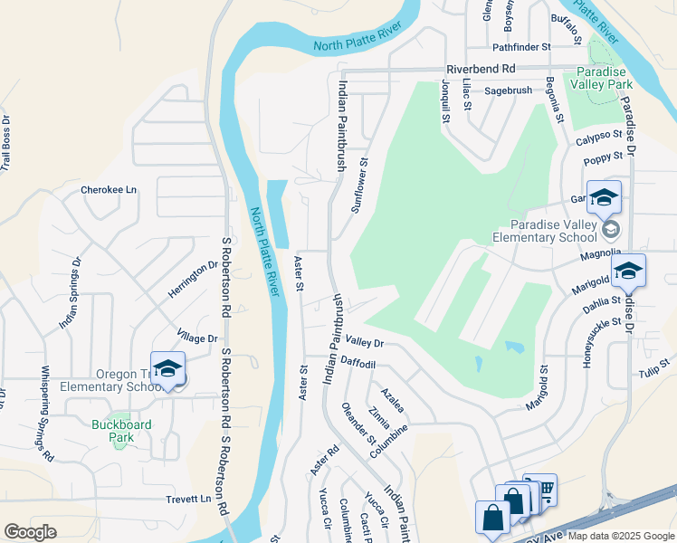 map of restaurants, bars, coffee shops, grocery stores, and more near 260 Indian Paintbrush in Casper
