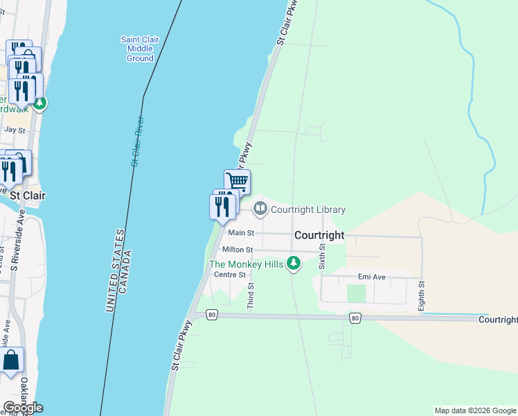 map of restaurants, bars, coffee shops, grocery stores, and more near 62 Thompson Street in Courtright