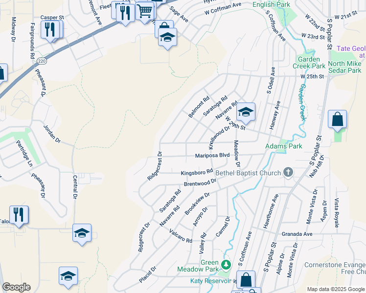 map of restaurants, bars, coffee shops, grocery stores, and more near 2960 Saratoga Road in Casper