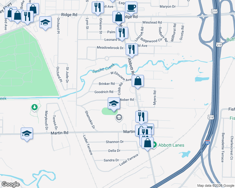 map of restaurants, bars, coffee shops, grocery stores, and more near 56 Cobb Road in Buffalo