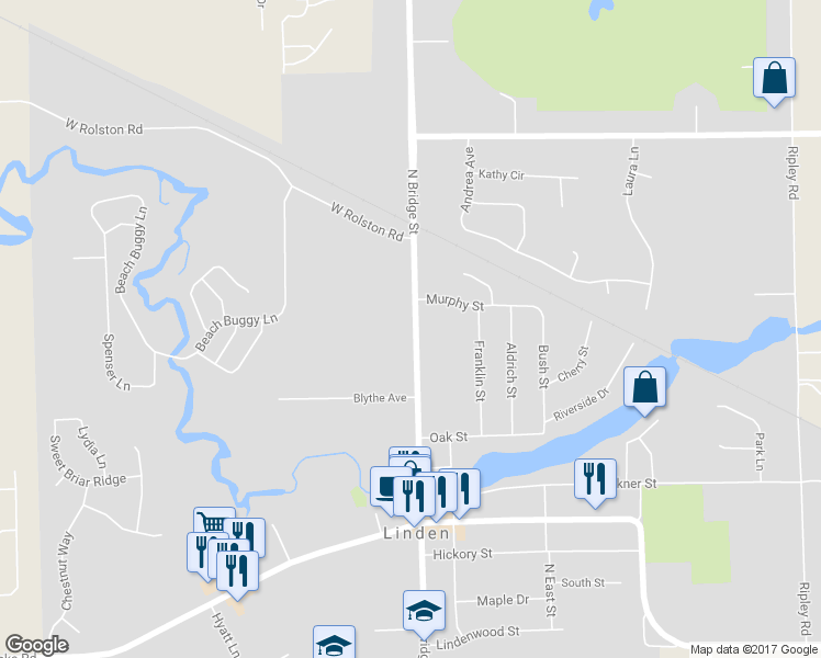 map of restaurants, bars, coffee shops, grocery stores, and more near 709 North Bridge Street in Linden