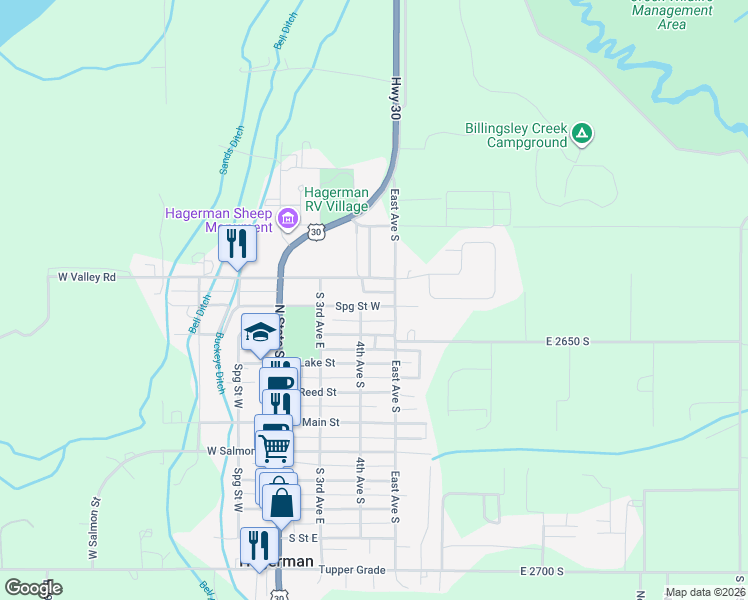 map of restaurants, bars, coffee shops, grocery stores, and more near 331 North Avenue East in Hagerman