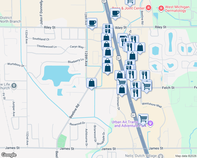 map of restaurants, bars, coffee shops, grocery stores, and more near 2926 Beeline Road in Holland