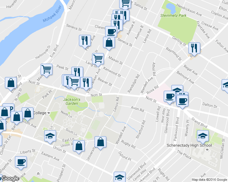 map of restaurants, bars, coffee shops, grocery stores, and more near 909 Nott Street in Schenectady