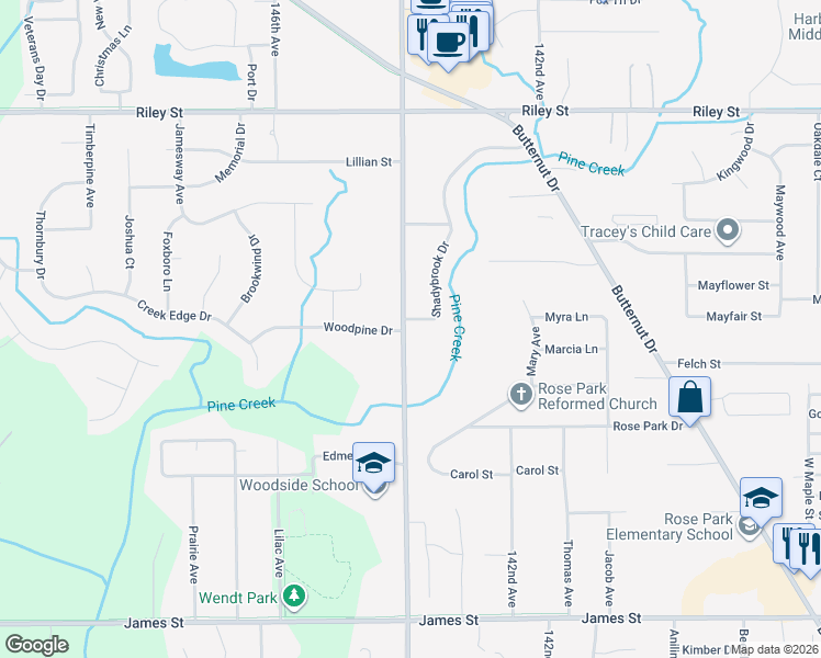 map of restaurants, bars, coffee shops, grocery stores, and more near 733 Shadybrook Drive in Holland